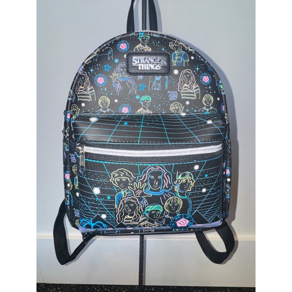 Stranger Things Handbags - Stranger Things Mini Backpack Black Neon Character Print Faux Leather Bag
